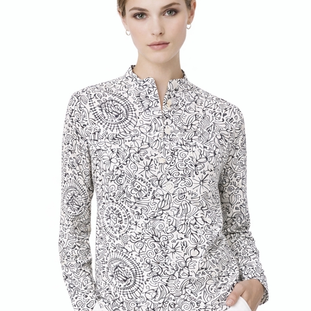 Tory Burch Brigitte Linen Cotton Blouse - Black White Floral Print - S